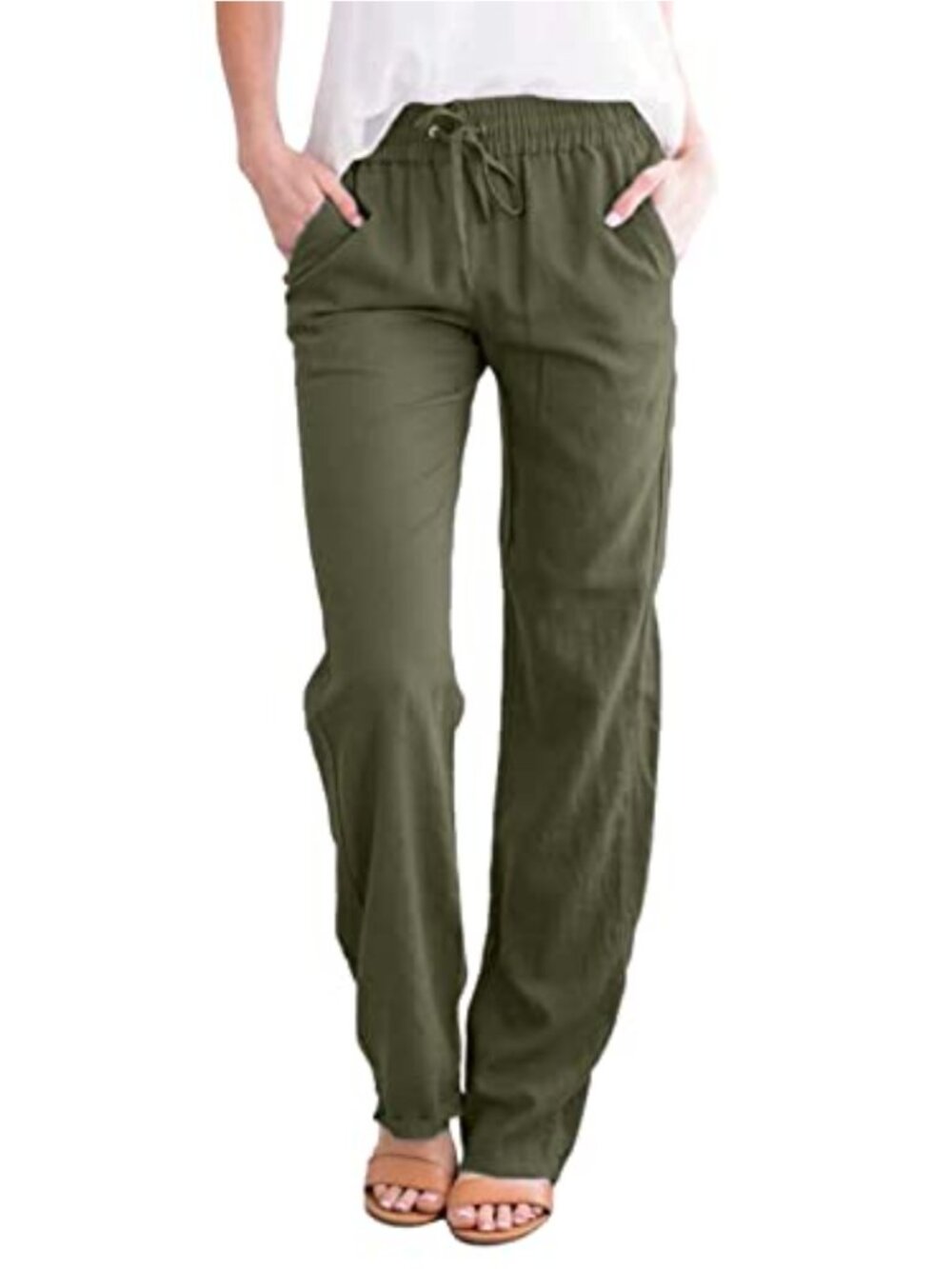 Women's Cotton Linen Pants Casual Elastic High Waist Straight Leg Palazzo